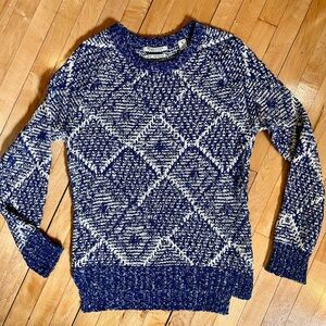 Maison Scotch | Jolie Vagabonde Diamond Pattern Blue and White Crewneck Sweater